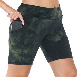 Womens Prem Green Tie Dye 5"High Waistband 8" Inseam Bike Shorts w/Pockets S-XL